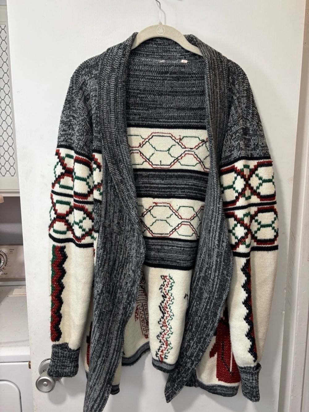 Vintage Open Cardigan Unisex Southwest Western Knit Sweater Cowichan Aztec Sz L